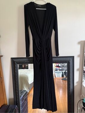 Emprada Black Long-Sleeve Draped V-Neck Maxi Dress